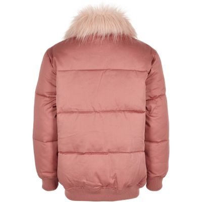 Girls pink puffer coat with faux fur collar